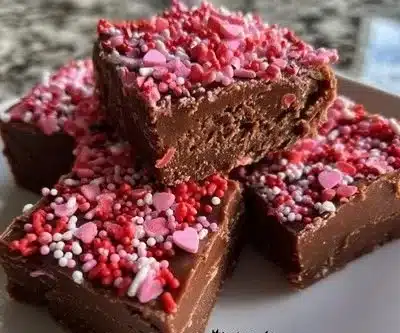 Delicious homemade Valentine's Day fudge in heart-shaped pieces