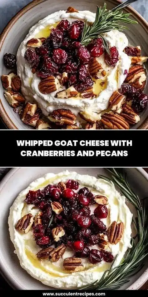 Whipped goat cheese served with cranberries and pecans on a rustic platter