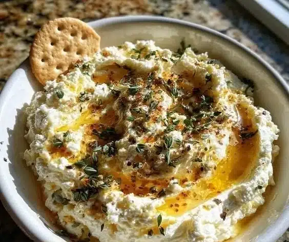 Whipped Ricotta Dip 16 Creamy whipped ricotta dip garnished with herbs and served with crackers.