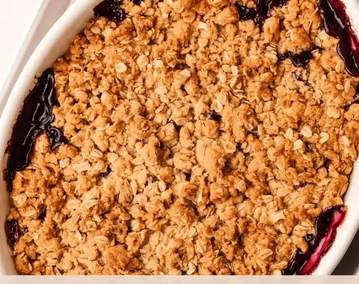 Delicious Apple Blueberry Crisp served in a bowl with fresh blueberries