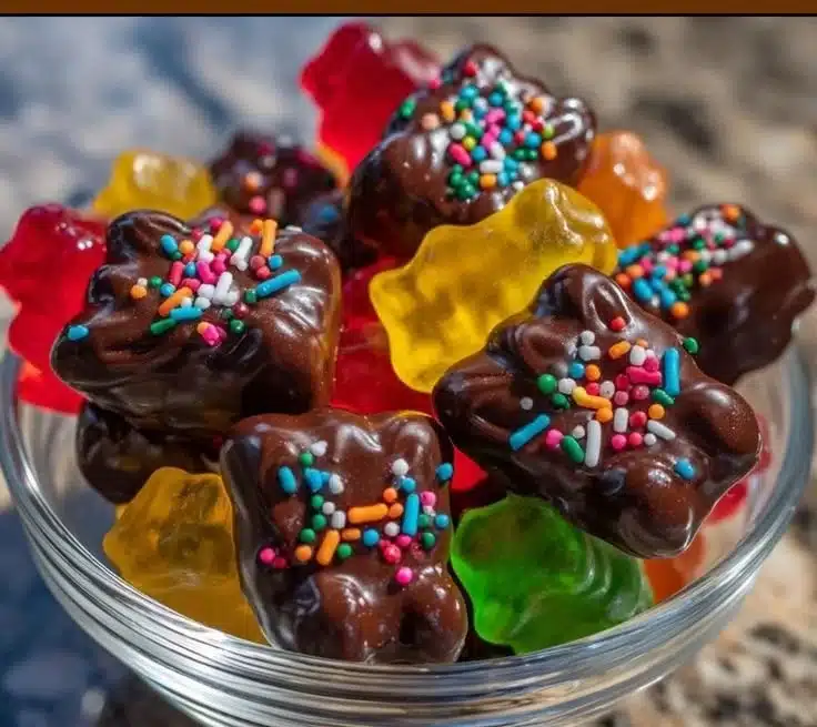 Chocolate-Dipped Haribo Gummy Bears in a colorful display