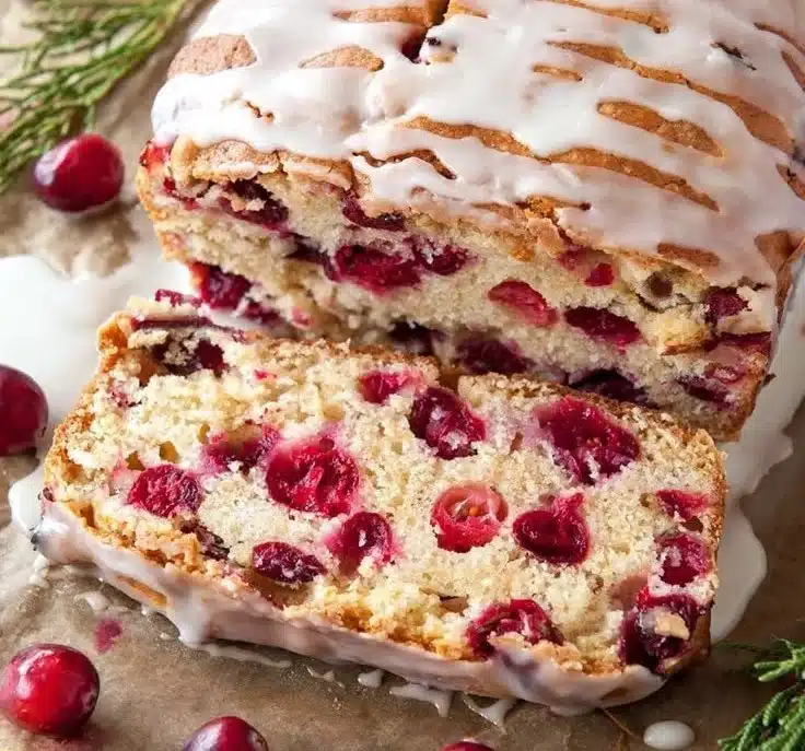 Loaf of freshly baked Cranberry Orange Bread with slices on a wooden table.