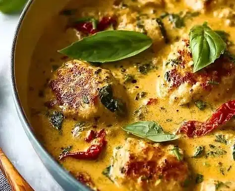 Creamy Dairy-Free Marry Me Chicken Soup 1 Creamy dairy-free chicken soup served in a bowl with herbs and spices.