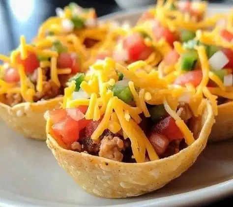 Plate of crispy taco cups filled with fresh ingredients.