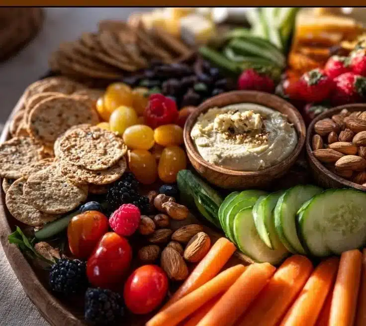 Healthy Valentine's charcuterie board with fruits, veggies, and cheeses