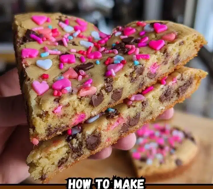 Delicious heart-shaped cookie cake decorated with icing and sprinkles