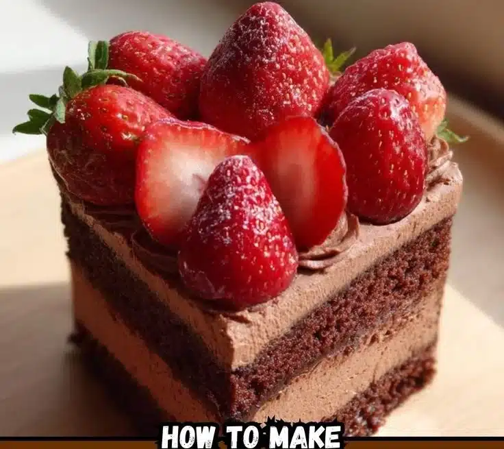 Heart-Shaped Chocolate Cake 2 Heart-shaped chocolate cake decorated with chocolate frosting and strawberries