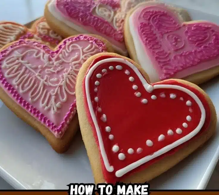 Delicious heart-shaped cookies decorated with icing on a festive platter