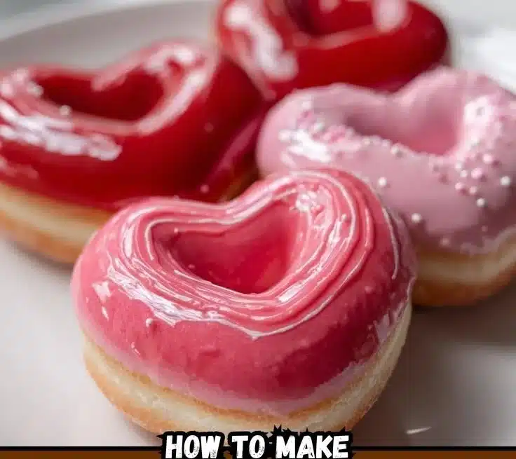 A box of delicious heart-shaped donuts in various flavors and colors.