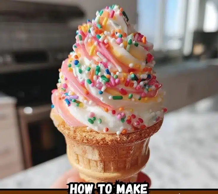 Ice cream cone cupcakes topped with colorful frosting and sprinkles