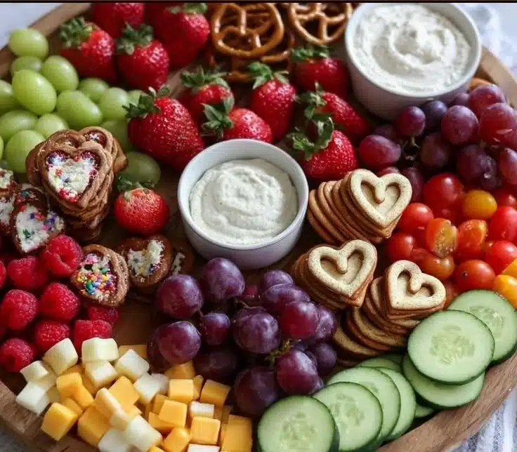 Colorful kids charcuterie board filled with healthy snacks and treats