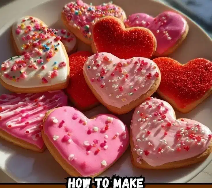 Colorful kids Valentine's cookies shaped like hearts and decorated with icing.