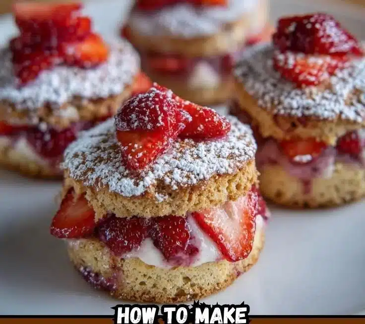 Mini strawberry cakes topped with fresh strawberries and whipped cream