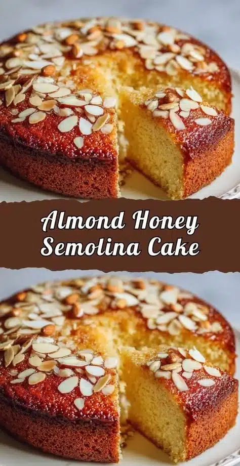 Delicious Almond Honey Semolina Cake garnished with almonds and honey