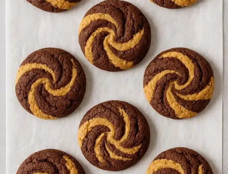 Delicious chocolate peanut butter swirl cookies freshly baked and arranged on a plate
