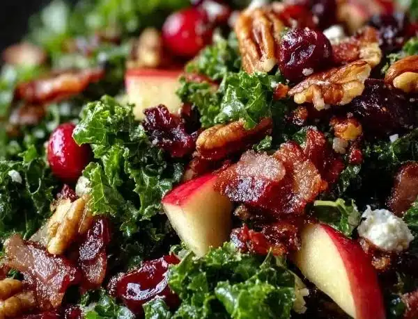Apple Cranberry Bacon Kale Salad with fresh ingredients and vibrant colors