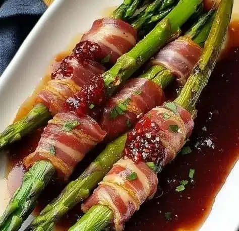 Asparagus and zucchini rolls drizzled with raspberry reduction