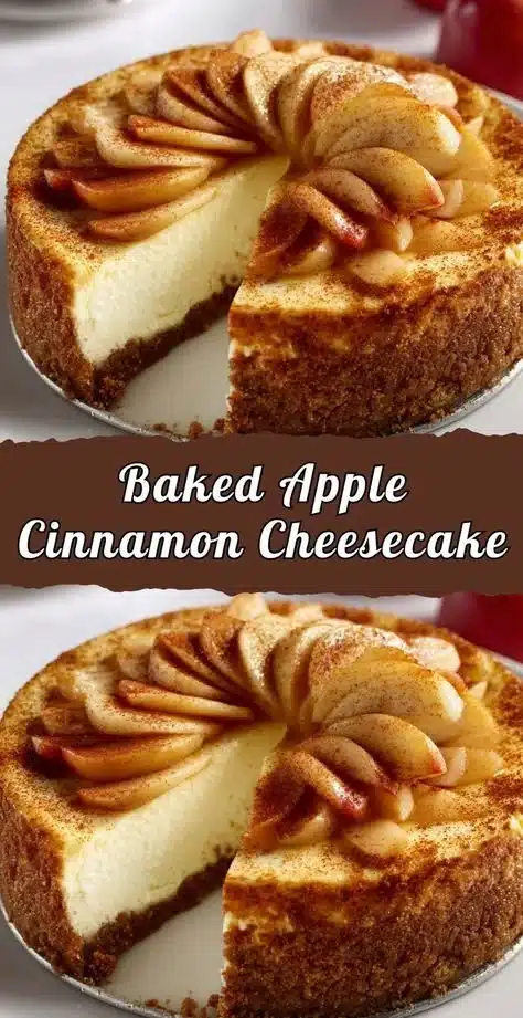 Delicious baked apple cinnamon cheesecake with a golden crust and apple topping.