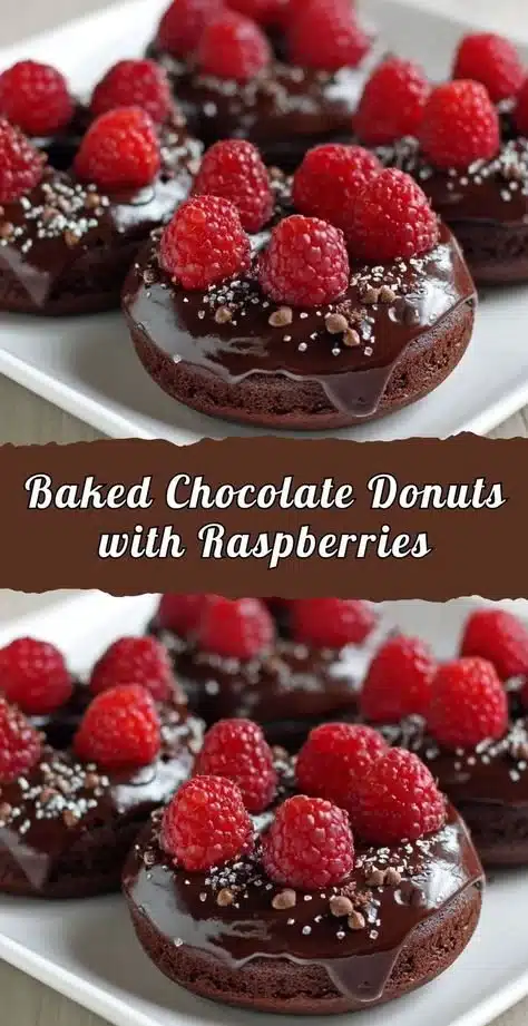 Baked chocolate donuts with raspberries on a plate