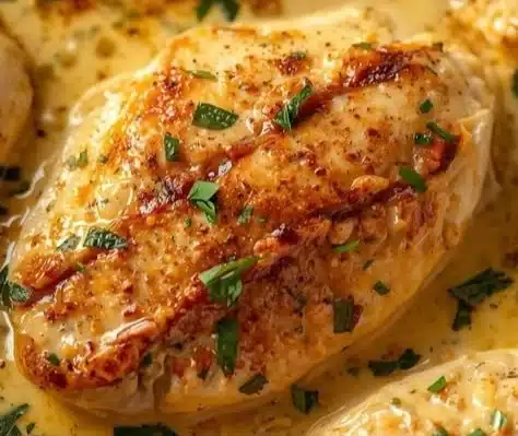 Baked cream cheese chicken served with vegetables on a plate