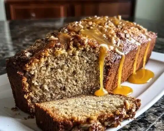 Delicious Banana Nut Bread with a sweet honey glaze topping.