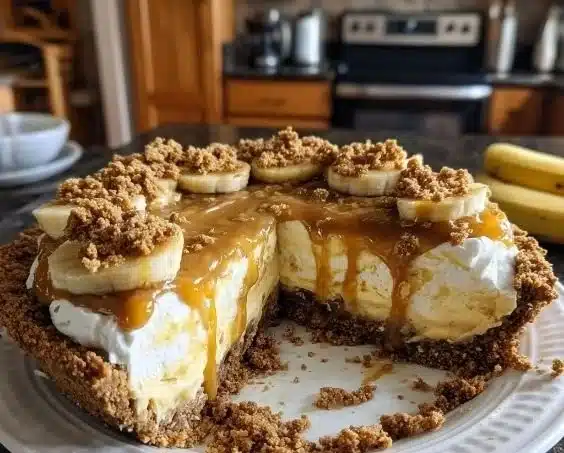 Delicious Banoffee Pie topped with fresh banana cream and chocolate drizzle