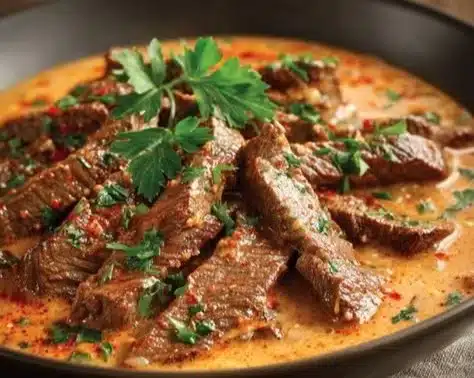 Plate of beef in creamy paprika sauce garnished with herbs.
