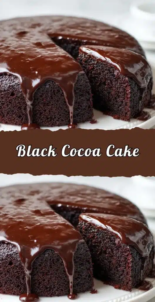 Delicious slice of Black Cocoa Cake with chocolate frosting and dark cocoa powder.