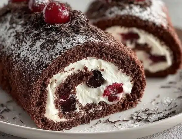 Delicious Black Forest Cake Roll topped with cherries and whipped cream