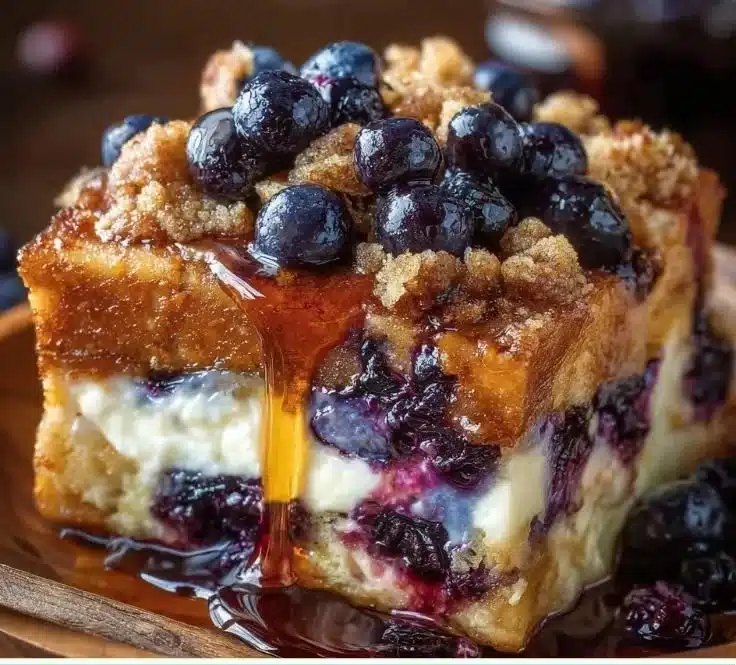 Delicious Blueberry Cream Cheese French Toast topped with fresh blueberries and syrup