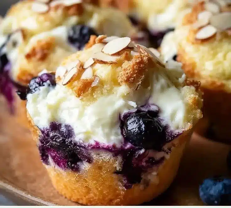 Freshly baked blueberry cream cheese muffins with a golden crust and blueberries