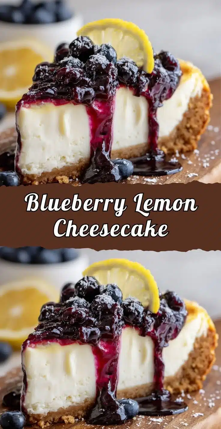 Slice of blueberry lemon cheesecake topped with fresh blueberries and lemon zest.