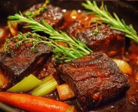 Delicious braised beef short ribs served with vegetables and sauce
