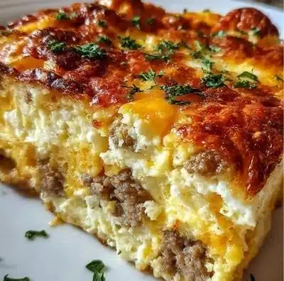 Delicious breakfast casserole with sausage served in a baking dish