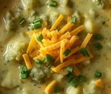Bowl of creamy broccoli potato cheese soup garnished with herbs.