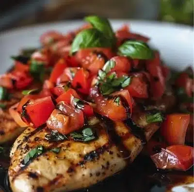 Delicious Bruschetta Chicken topped with fresh tomatoes and basil