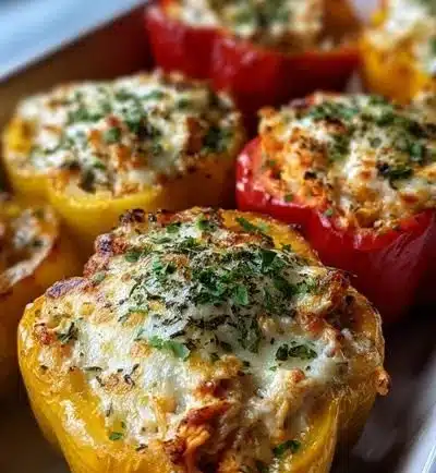 Buffalo Chicken Stuffed Peppers garnished with cheese and green onions
