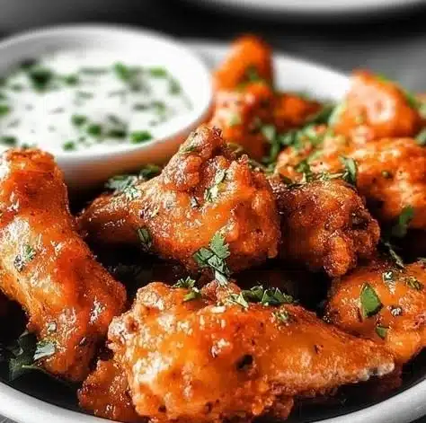 Plate of crispy Buffalo Chicken Wings served with dipping sauce