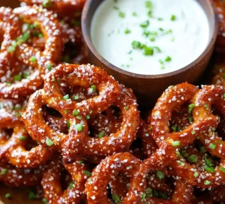Buffalo Wing Pretzels coated in spicy sauce, served as a delicious snack.