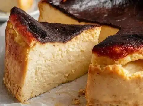 Slice of delicious Burnt Basque Cheesecake with a caramelized top