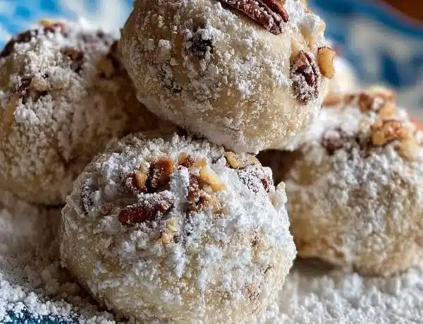 Buttery pecan snowball cookies dusted with powdered sugar on a plate