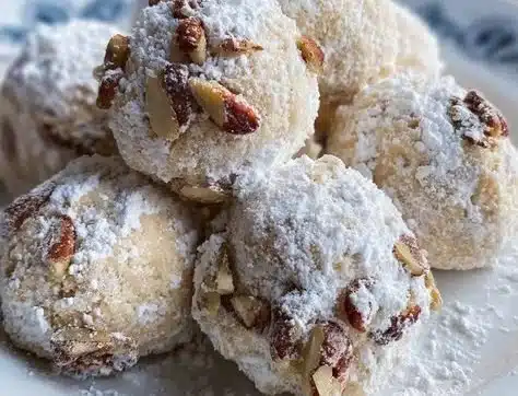 Buttery pecan snowballs cookies on a baking tray