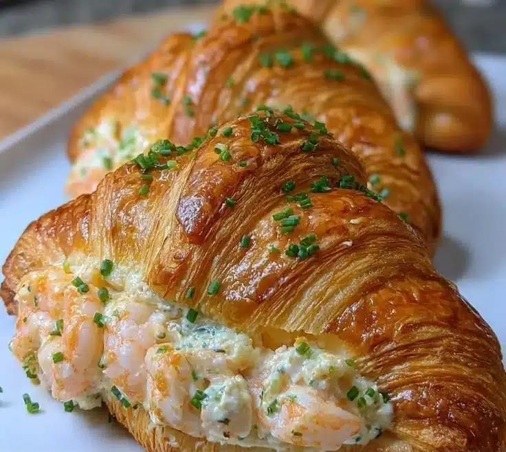 Buttery shrimp stuffed croissants on a plate, garnished with herbs