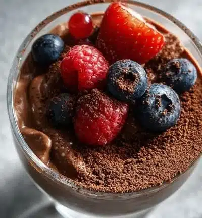 Creamy cacao chia pudding topped with fresh fruits and nuts