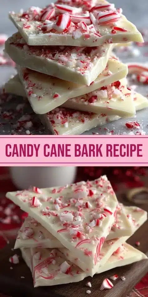 Homemade Candy Cane Bark with crushed candy canes and chocolate