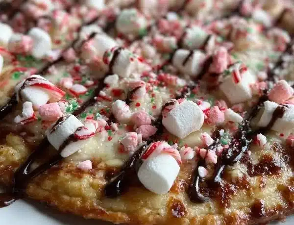 Delicious Candy Cane Pizza, a festive holiday treat blending sweet flavors.