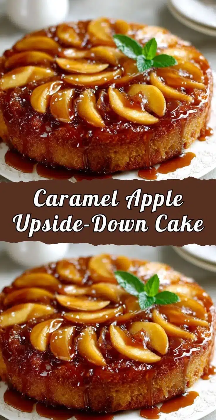 Caramel apple upside-down cake topped with gooey caramel and fresh apple slices.