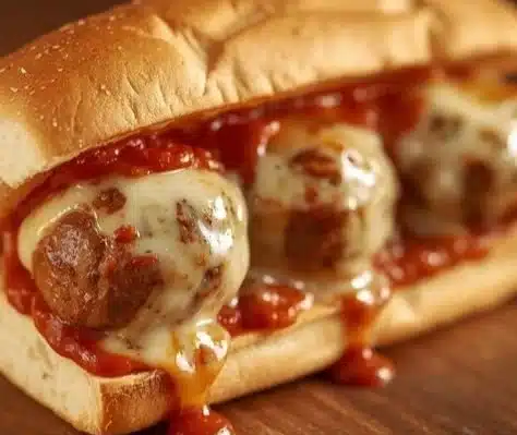 Delicious cheesy meatball subs topped with melted cheese and fresh herbs