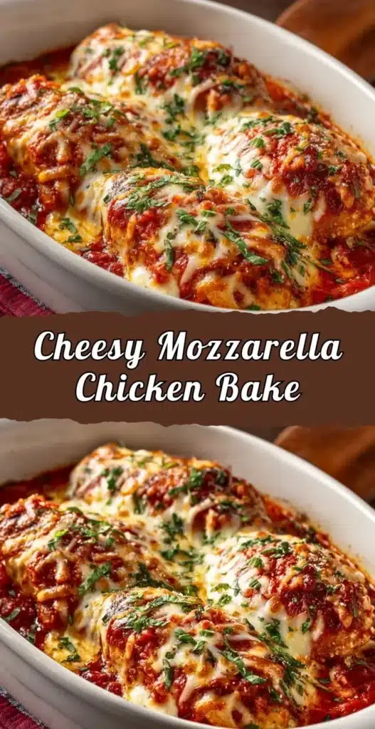 Delicious cheesy mozzarella chicken bake topped with fresh herbs and melted cheese