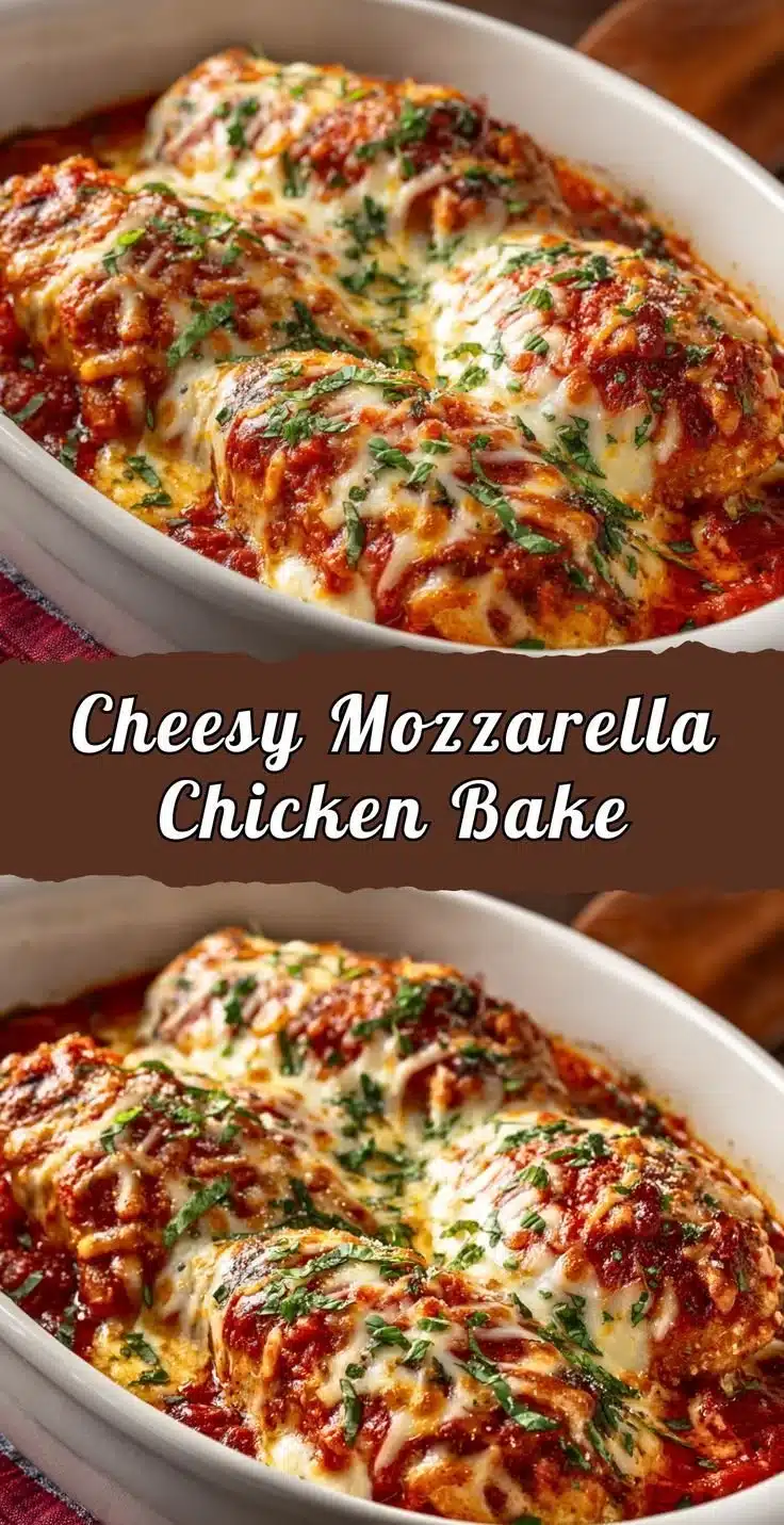 Delicious cheesy mozzarella chicken bake topped with fresh herbs and melted cheese